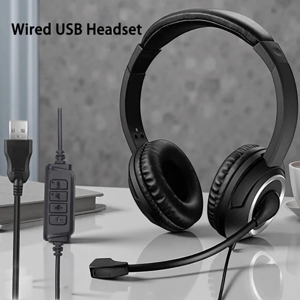 Cuffie USB con Microfono e Funzione Mute, Cuffie per Call Center con Cancellazione del Rumore, Auricolari Over-Ear per Computer, PC e Laptop