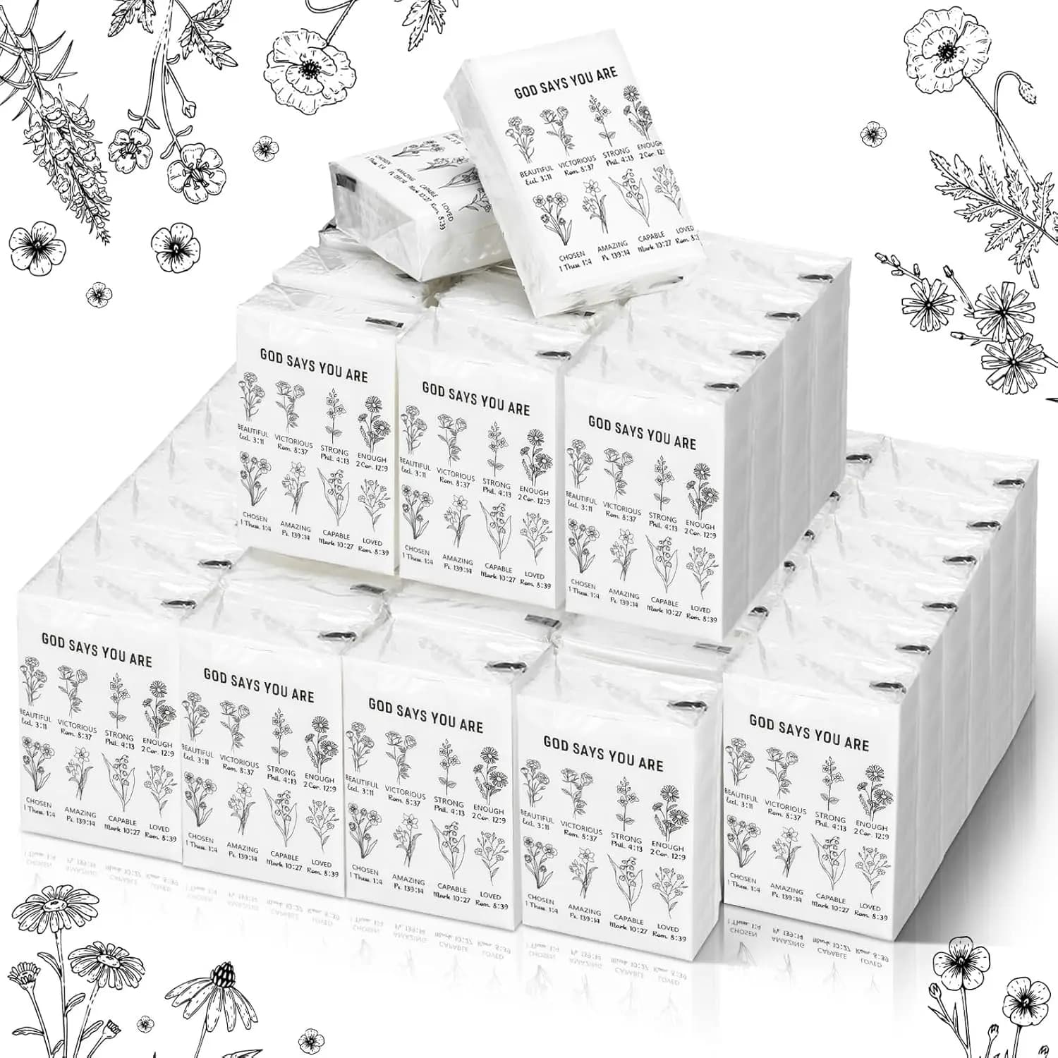 Yinder Confezione da 60 Fazzoletti da Viaggio Cristiani, 3 Veli, con Versetti Biblici, Formato Tascabile, Confezioni Singole, Mini Fazzoletti per il Viso