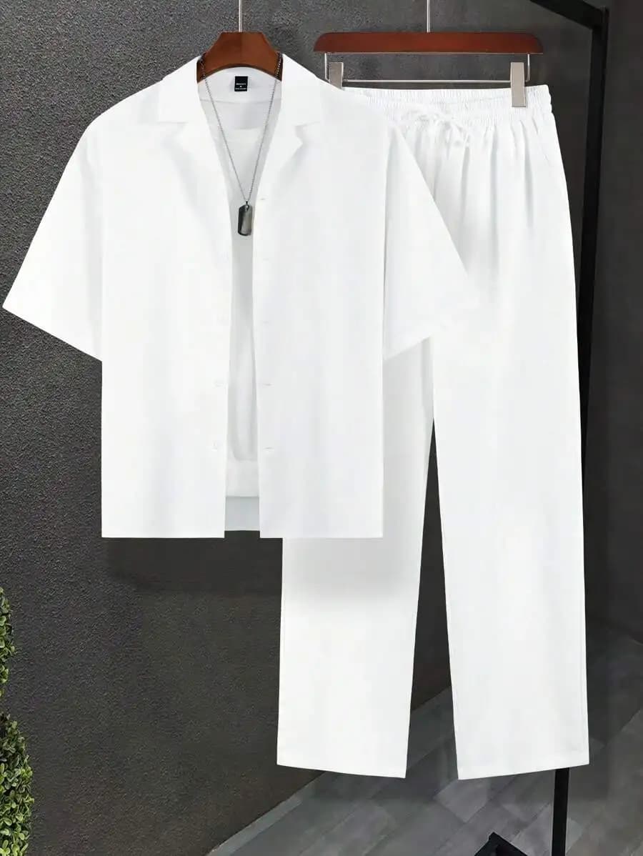 Manfinity Homme Loose Fit Men Solid Color Lapel Shirt & Pants, Men S Co Ord Set, Men S Two Piece Set