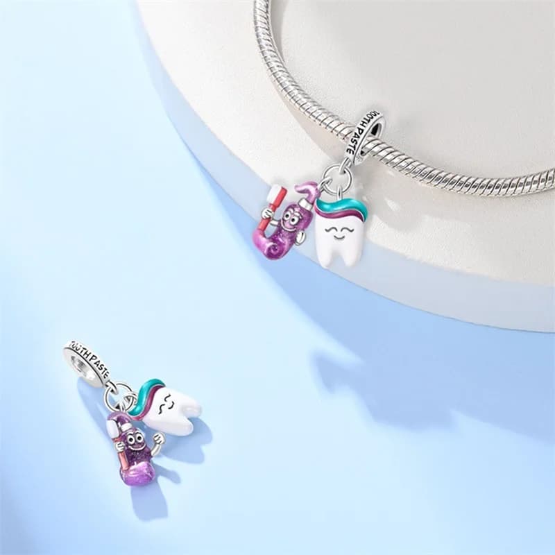 New set of two pieces in 925 sterling silver for tooth care, pendant with charm for women, compatible with original bracelets, DIY jewellery, gifts.