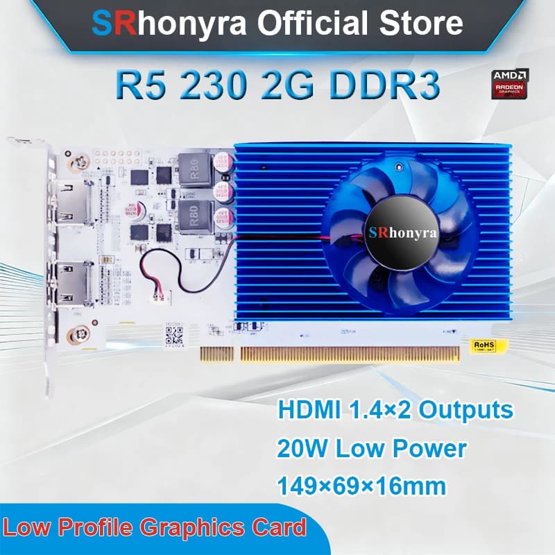 Scheda Grafica SRhonyra R5 230 2GB Low Profile, GDDR3 2HDMI 1080P per PC SFF, PC Industriali, Non Compatibile con Win 11
