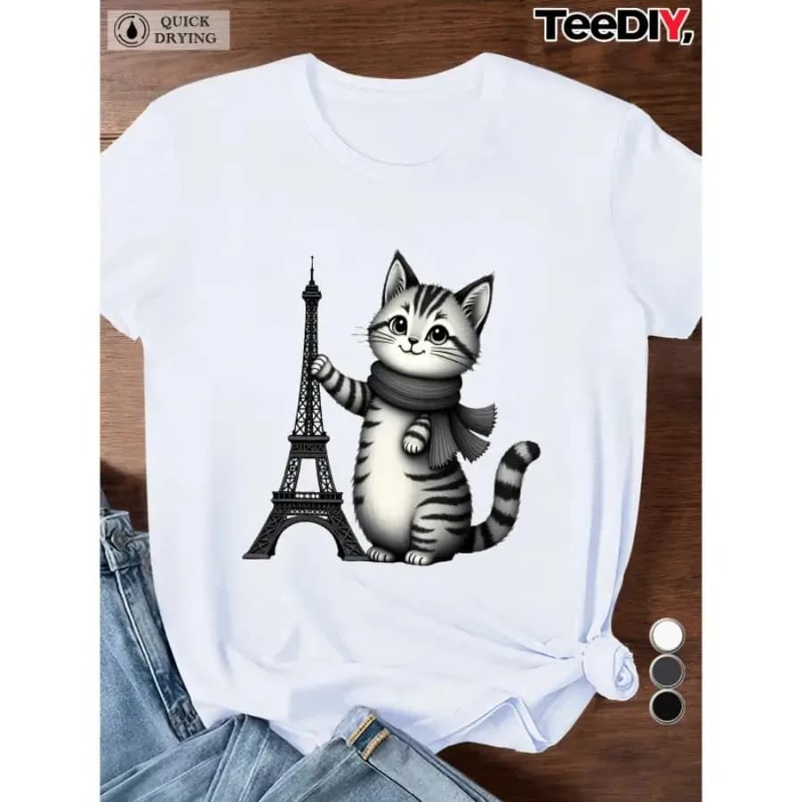 【Nuovo arrivo】T-shirt da donna con simpatico gatto tabby con sciarpa e torre Eiffel, maglietta con grafica di gattini di Parigi, Francia, a maniche corte, girocollo, per amanti dei gatti, top casual da indossare tutti i giorni