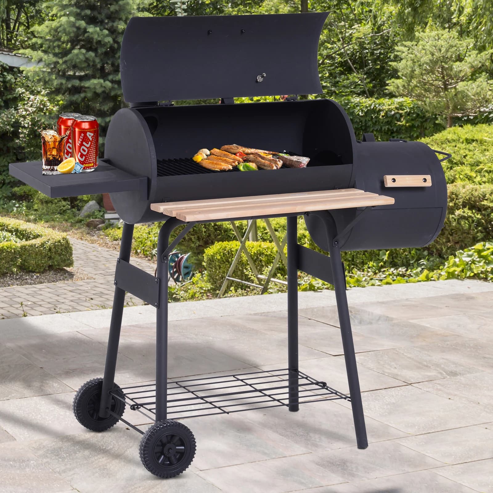 Grill BBQ a Carbone con Affumicatore Offset Portatile con Ruote, 2 Ripiani, Termometro, Manico in Legno, per Cucina all'Aperto, Nero