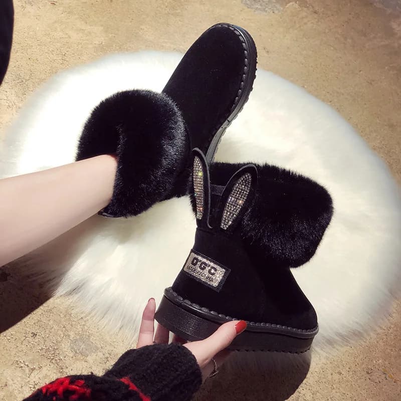 Trendy Women's Snow Boots 2025 New Winter Korean Style Rabbit Ear Short Fur Lined Fashionable Cotton Shoes Warm Flat Heel