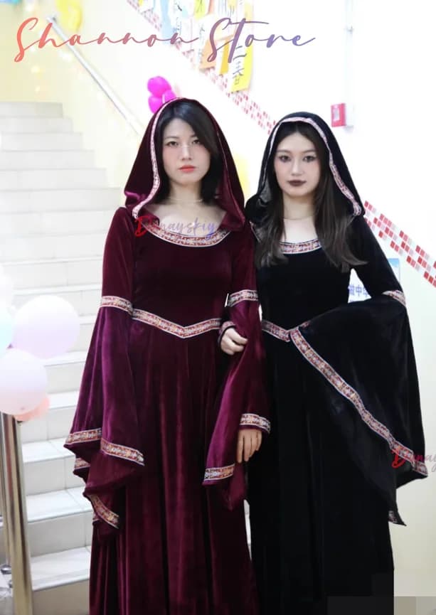 Halloween Gothic Hoodie Witch Cosplay Costume Medieval Retro Women's Dresses Long Skirt Halloween Vampire Adult Role-play Suits