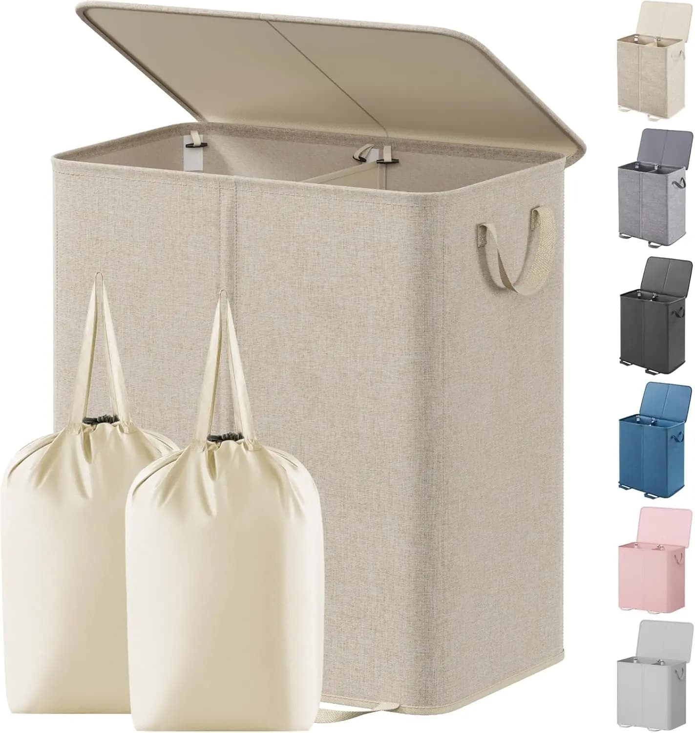 Large Folding Bucato Basket with Removable Cover and Bags, 2 Bedroom or Bathroom Dividers, Beige