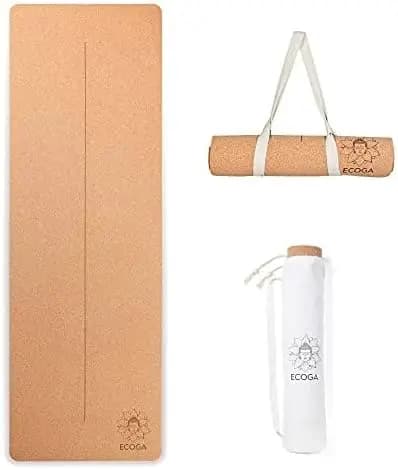 Yoga Mat in Anti-slip cork Thickness 5mm with Alignment Indicators, Ecological, Includes Strap and Bag