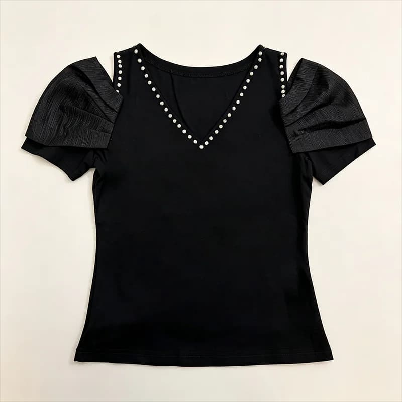 MadBlack-Women European T-Shirt, Sexy V Neck Diamond, Hotsweet Short Sleeve Off Shoulder Slim M-3XL Tee, 2026 Summer T66209CC