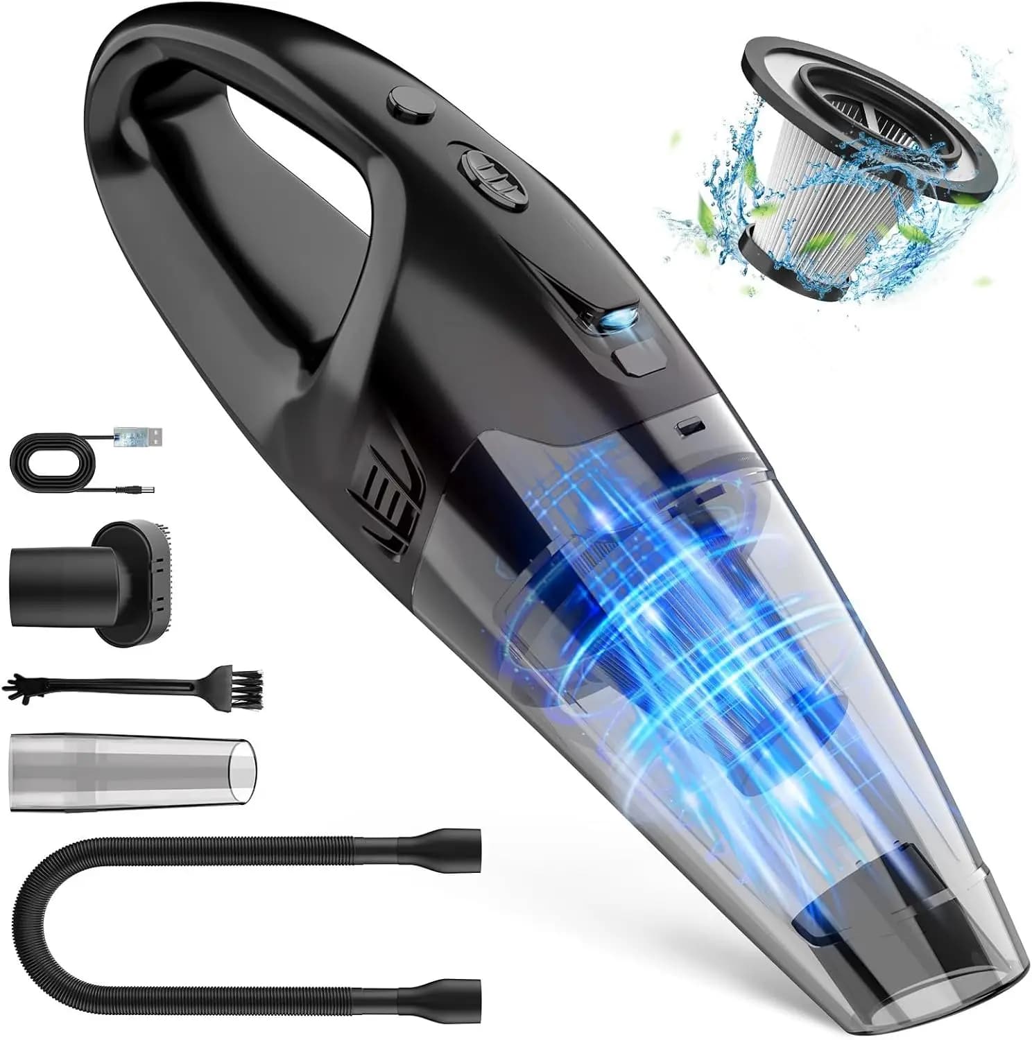 Aspirapolvere portatile senza fili con luce LED, portatile per sedili auto e casa, forte aspirazione, leggero, include ugello e spazzola