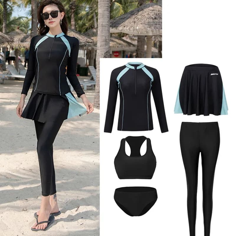 Set 5 Pezzi per Donna: Maglietta Anti-UV a Maniche Lunghe + Leggings + Pantaloncini + Bikini, Costume da Bagno con Zip Frontale per Snorkeling