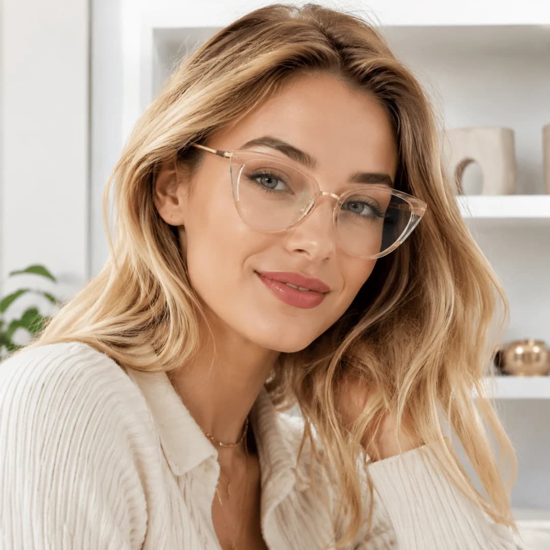 Pair Of Women's Classic Cat-Eye Fashion Eyewear, Two-Tone Beige And Clear Frame With Gold Temples, Retro Polished Design With Clear Lens, Versatile Style, Suitable For Everyday, Work, Parties And All Looks