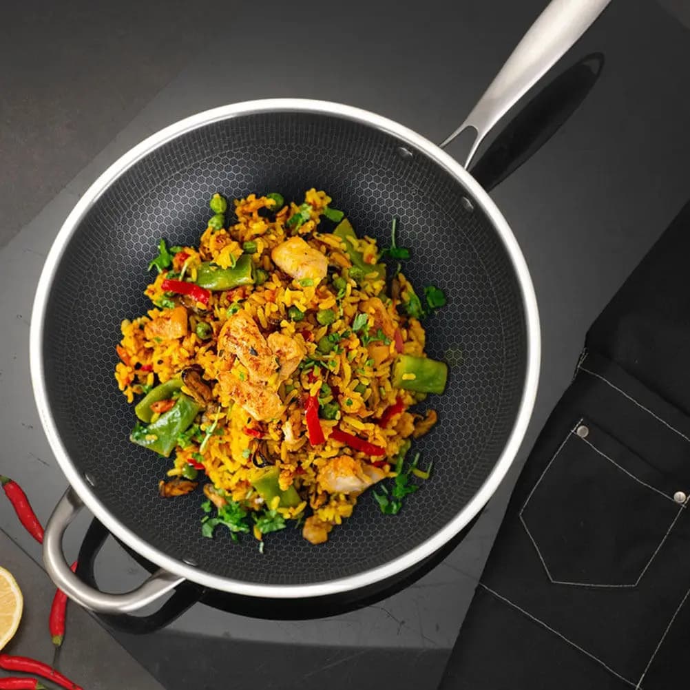Heavy Duty Stainless Steel Honeycomb Wok Frying Pan Double Handle No Coating Cookware for Gas Electric Induction Stove Kitchen