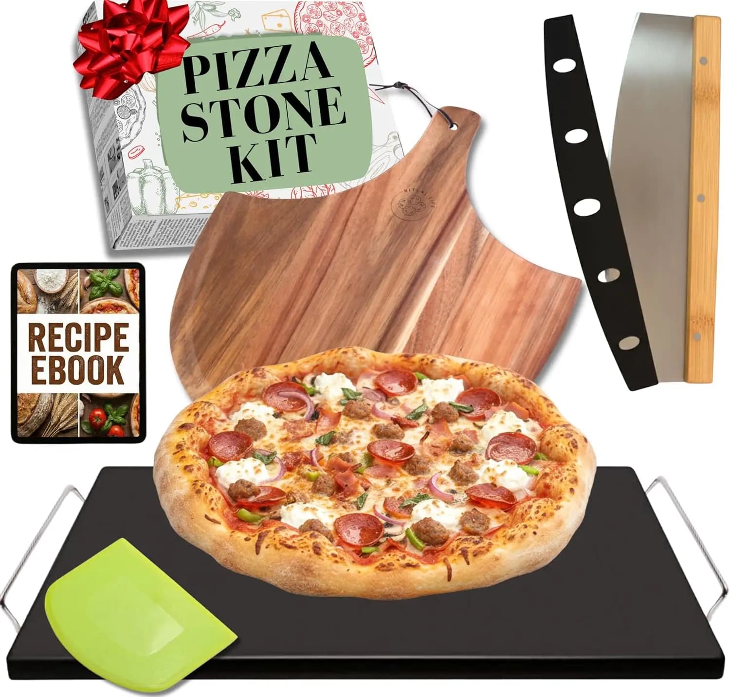 Pietra Ceramica Antiaderente - Pietre per Griglia con Manici, Spatola, Tagliapasta, Utensile per Impasto - Bread Ba