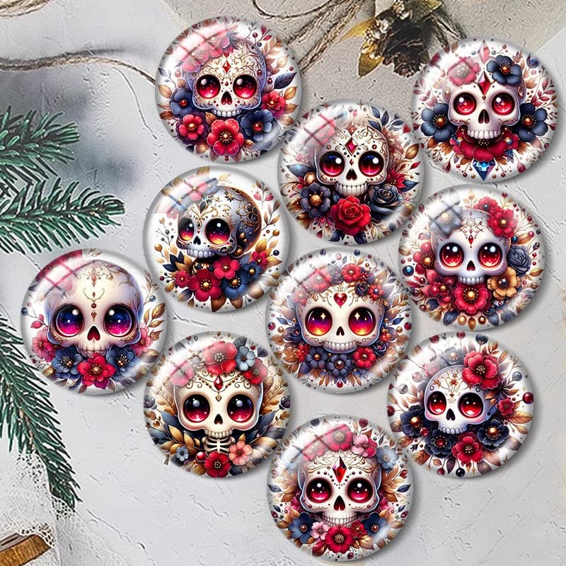 Cabochon in vetro con motivo teschio floreale 12/18/20/25mm per bracciali, ciondoli, anelli, orecchini e componenti per la creazione di gioielli