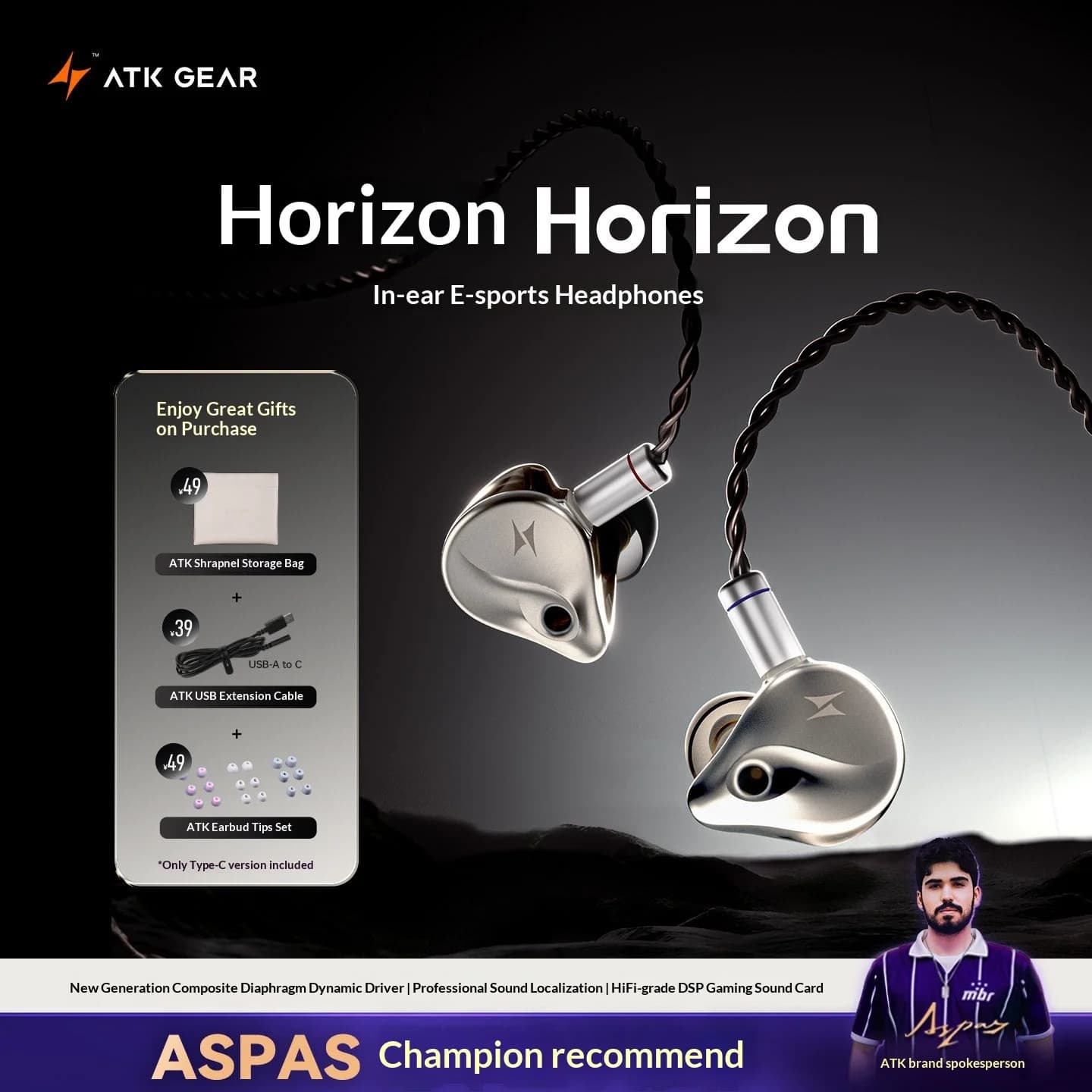 Auricolari da gioco cablati ATK GEAR Horizon In-Ear con audio Hi-Fi, posizionamento sonoro e microfono, scheda audio DSP per giocatori eSport