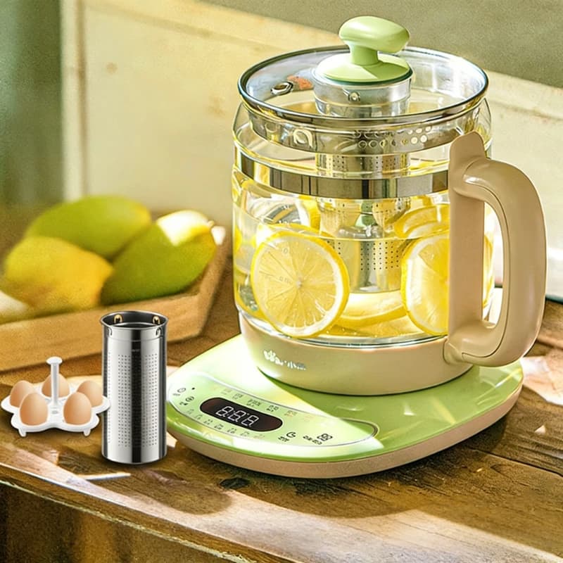Bear electric kettle with constant temperature, multiple settings, heat preservation, boiling, stewing, and cooking functions.