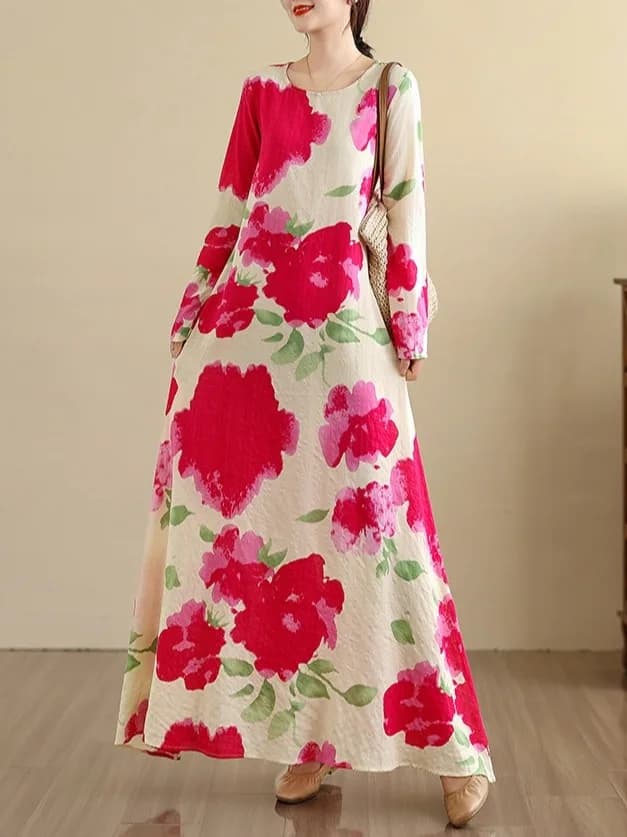 Retro Bohemian Print Dress Women's Summer New Loose Meat Conceal Slim round Neck A-Line Long Dress High Waist Long Sleeve
