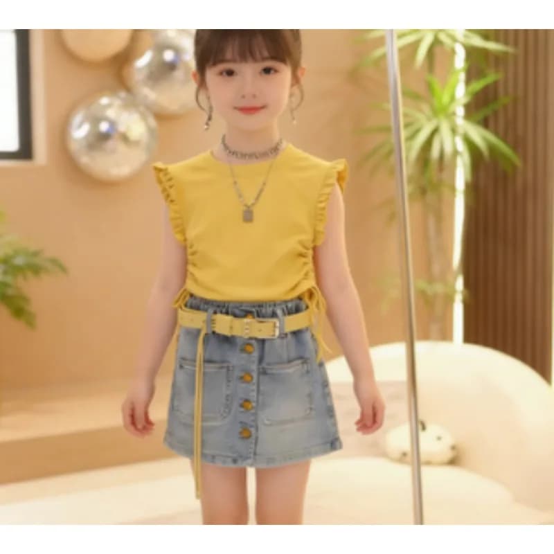 Completo estivo per bambina, set estivo, nuovo top in stile coreano, gonna in denim per bambina, set due pezzi con t-shirt