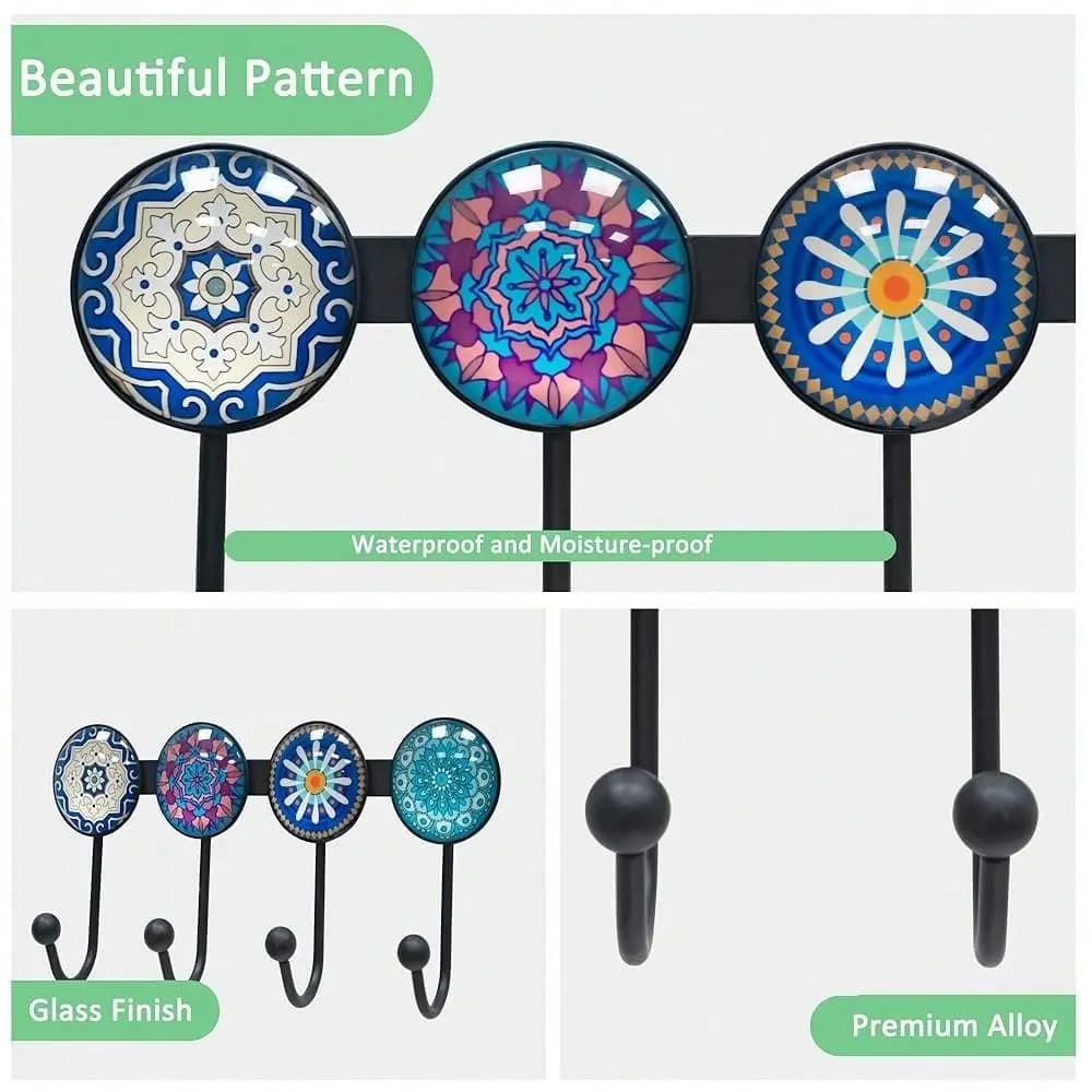 Appendiabiti da parete con 4 ganci, ganci decorativi rotondi con motivo blu per appendere cappelli, chiavi, asciugamani, borse, sacchetti e accappatoi.