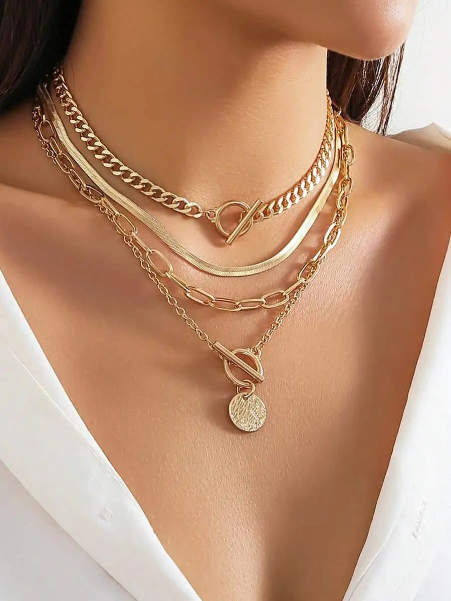4pcs/Set Vintage Simple Flat Snake Chain Zinc Alloy Pendant Necklace With Ot Clasp, Adjustable Layered Necklace, Everyday Wear A