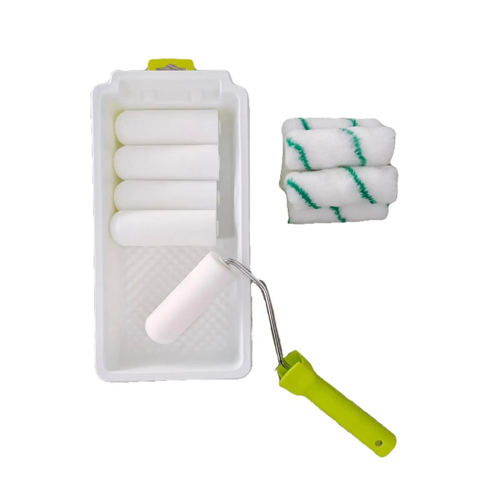 Set di pittura a rullo con mini vassoi, rivestimenti in tessuto espanso per la riparazione di colori su pareti domestiche e mobili.