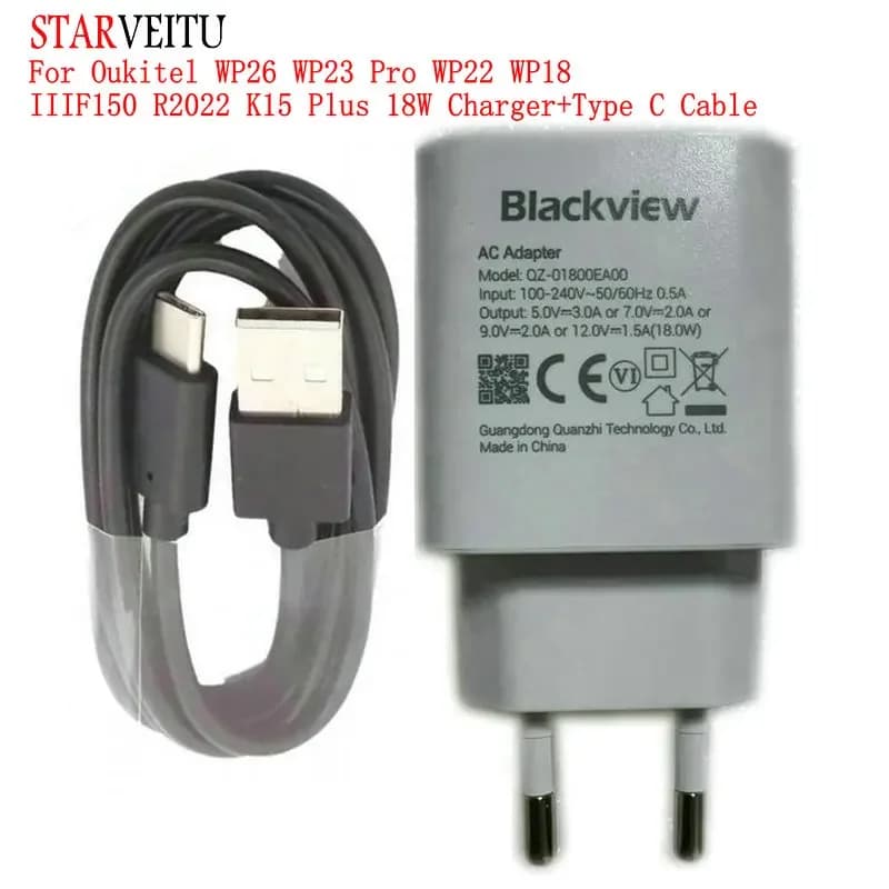 Adattatore di alimentazione per Oukitel WP26 WP23 Pro WP22 WP18 K15 Plus caricabatterie da viaggio rapido da 18W cavo USB di tipo C spina europea