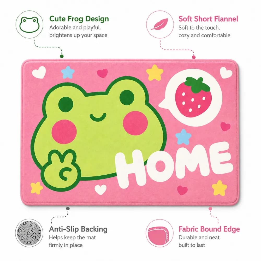 ESRBSO Cute Frog Rug Pink Strawberry HOME Doormat Soft Short Flannel Non-Slip Floor Mat Bedroom Bathroom Kids Room Indoor Decor