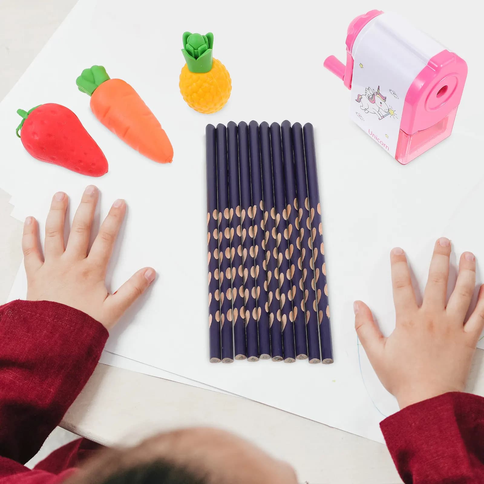 1Set Portable Sketch Pencil Set School Stationery Sets For Art Student Fruit Cartoon Erasers Corrective Grip
