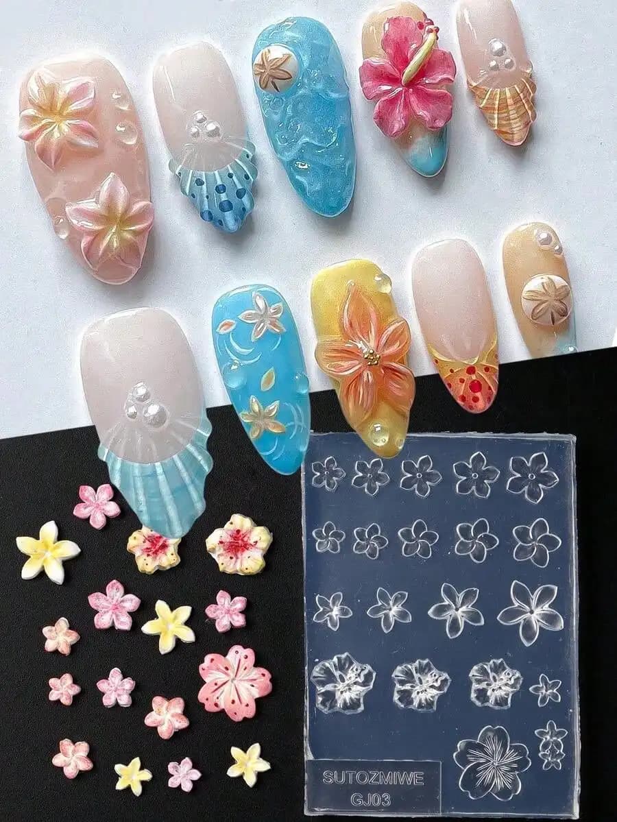 Stencil per Nail Art FULL BEAUTY, Stampo in Silicone per Intaglio, Design con Motivi di Plumeria, Frangipani, Sakura, Hibiscus Hawaiano in Fiore