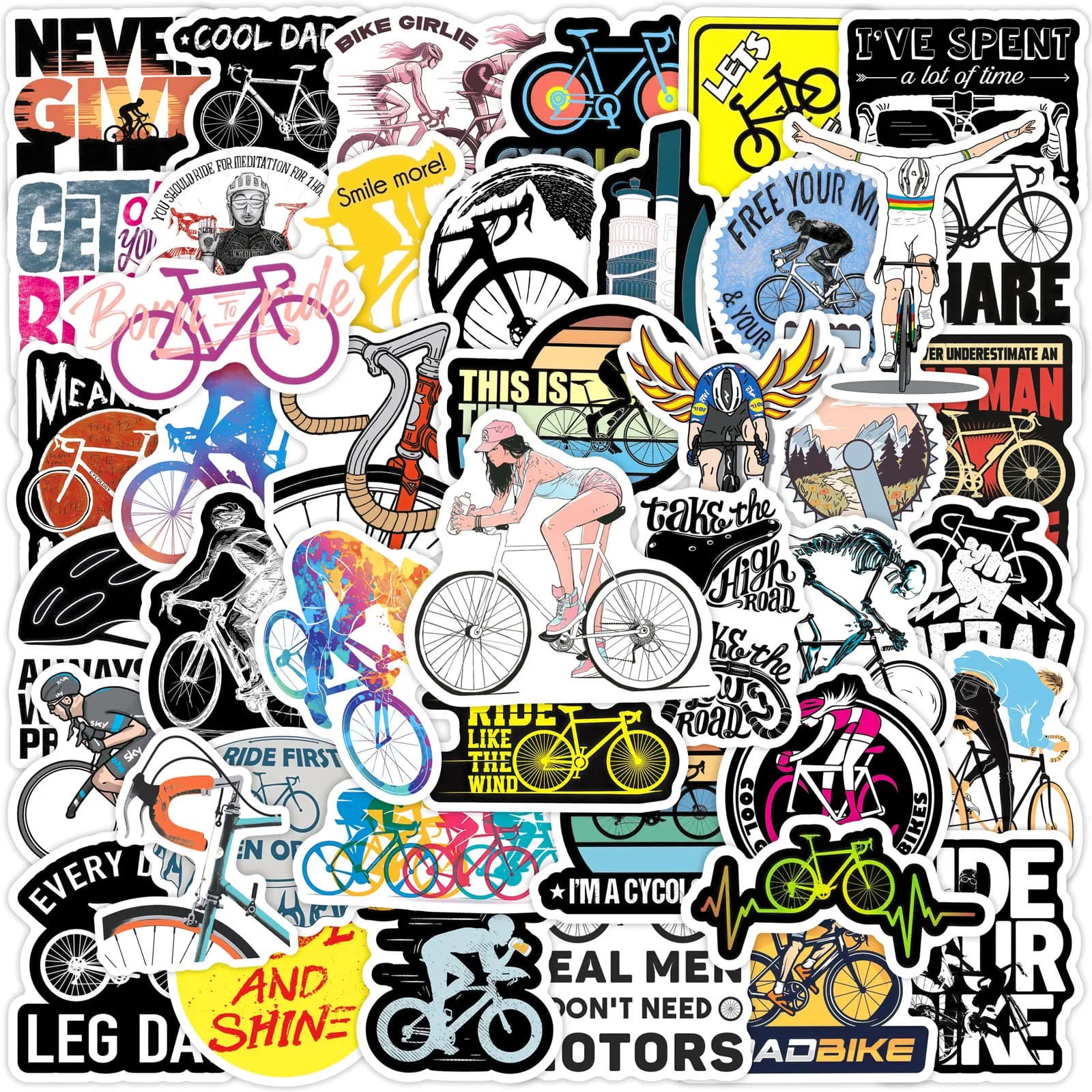 50 Pieces Sports Theme Stickers for Road Bike, DIY for Bicycle Helmet, Skateboard, Mug, Car, PVC Resistant to Change