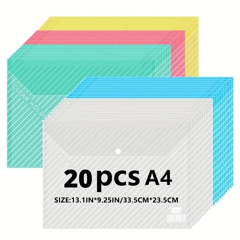 Confezione da 5/20 cartelle per documenti in polipropilene trasparente A4 multicolore - buste in plastica PP durevoli per materiale scolastico e per ufficio
