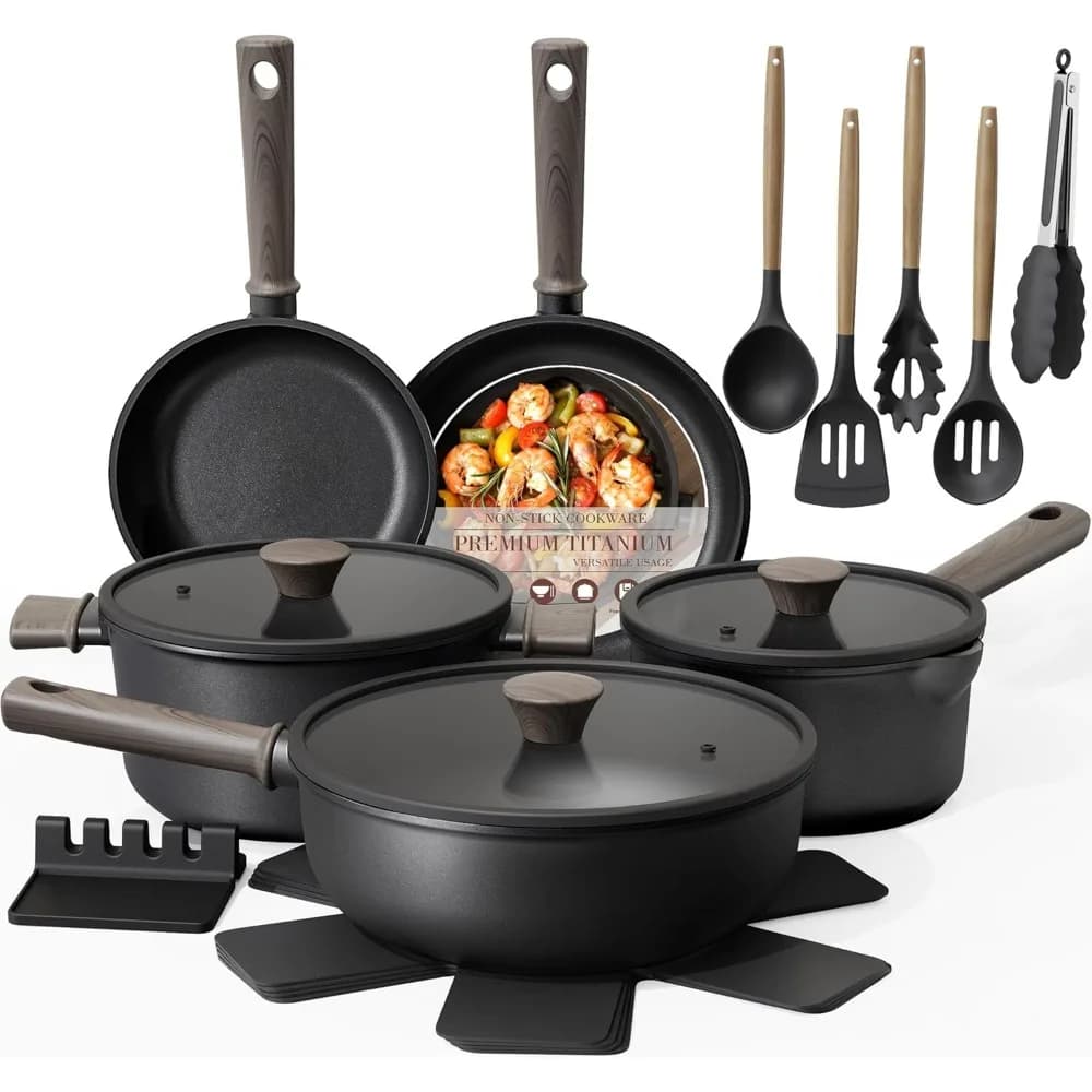 Set di Pentole in Titanio per Cucina a Induzione, 19 Pezzi, Antiaderenti, Senza PFAS, PTFE, PFOA, PFOS, Sano e Non Tossico