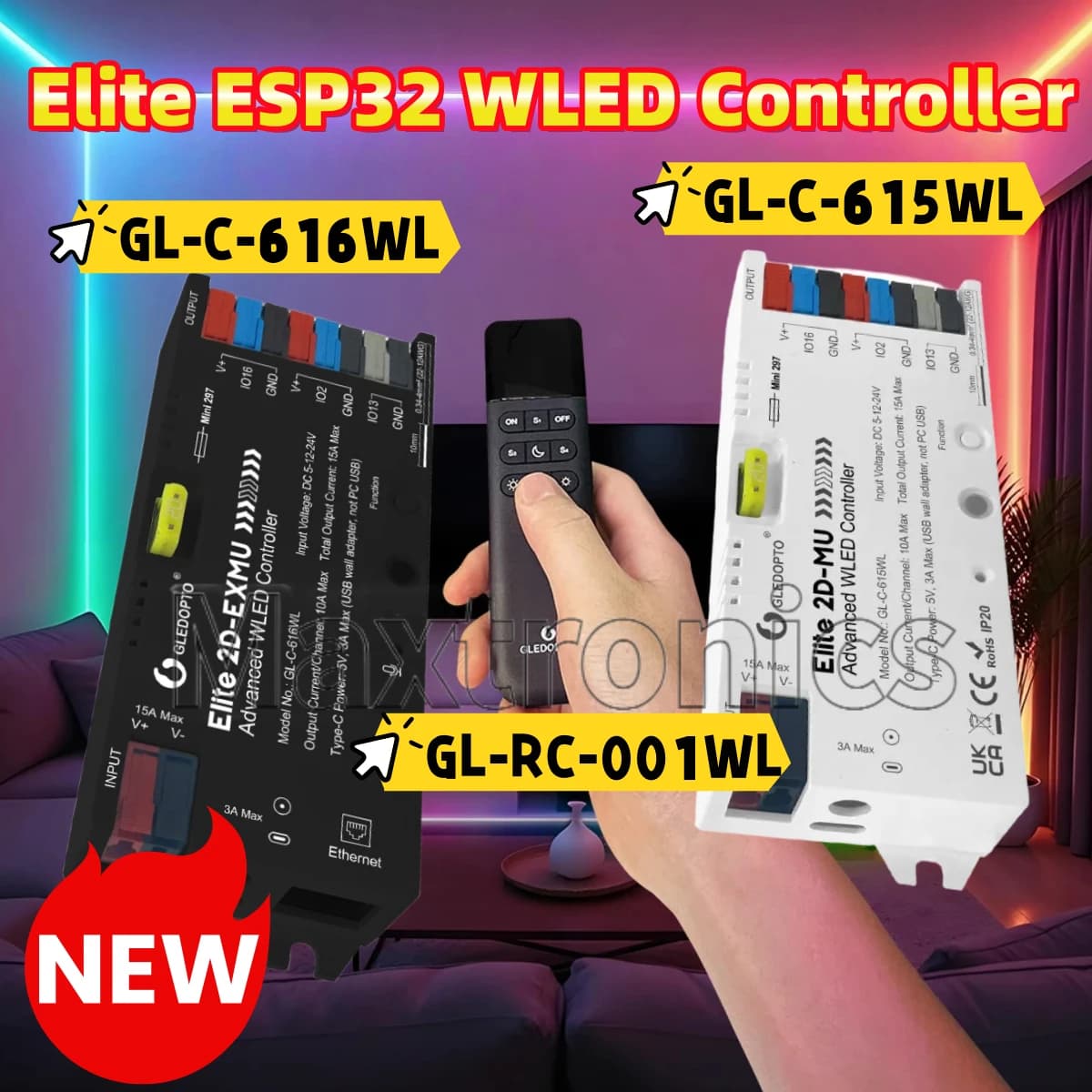 GLEDOPTO Elite ESP32 WLED Controller 20A Fusibile Suono dinamico Relè di risparmio energetico reattivo per WS2811 WS2812 SK6812 RGBIC striscia led