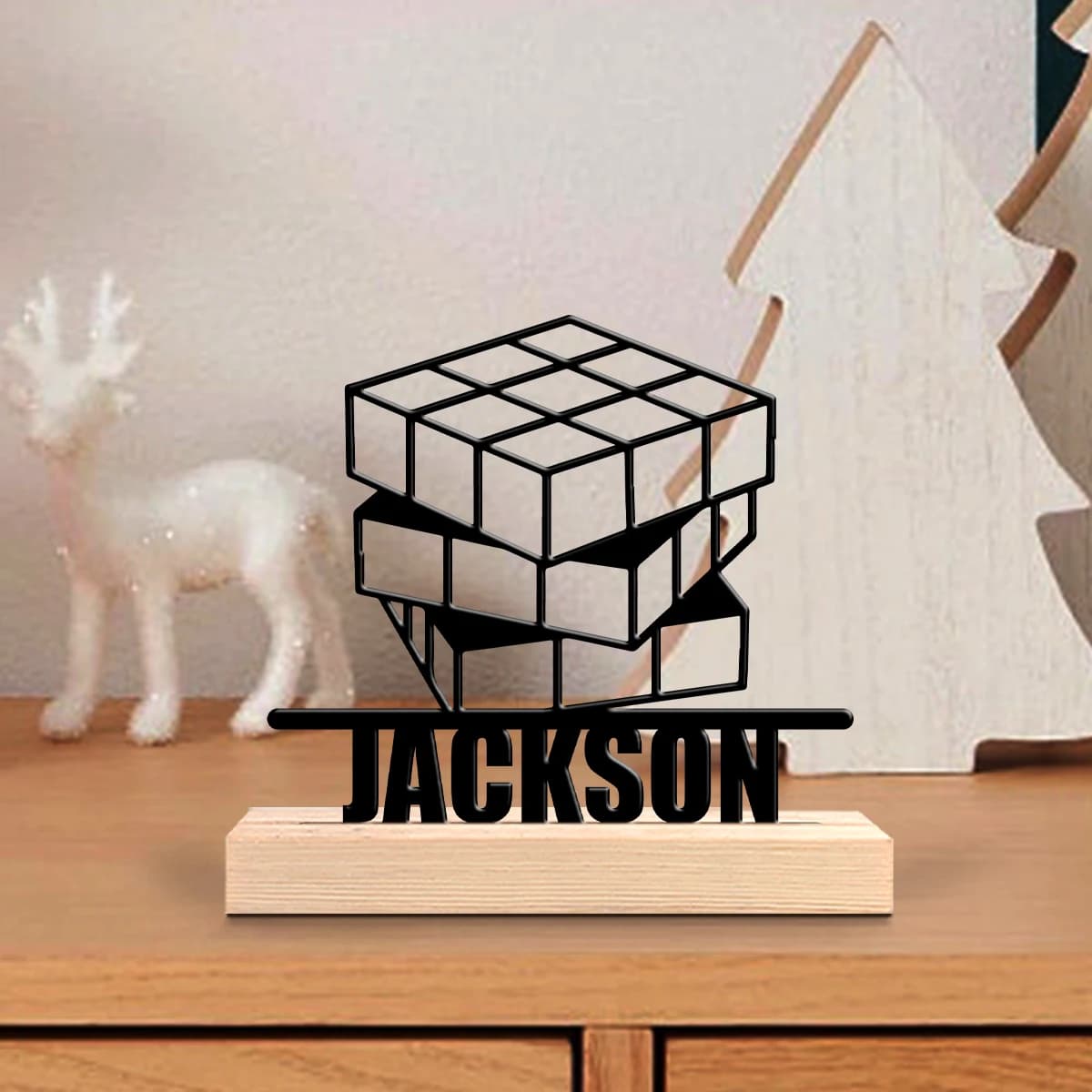 1pc Personalized Desktop Metal Ornaments Custom Content Equipped with Wooden Base Room Decorations, Bar Counter Decorations