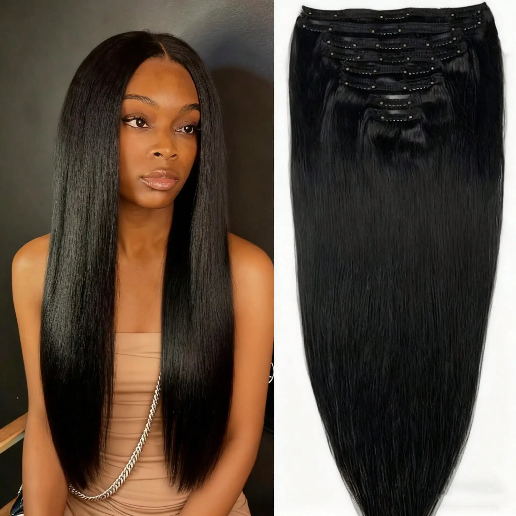 8 Pieces Extension Hair Straight with Clips for Woman, Extension of Human Hair with 18 Clips, Double Tray in Lace