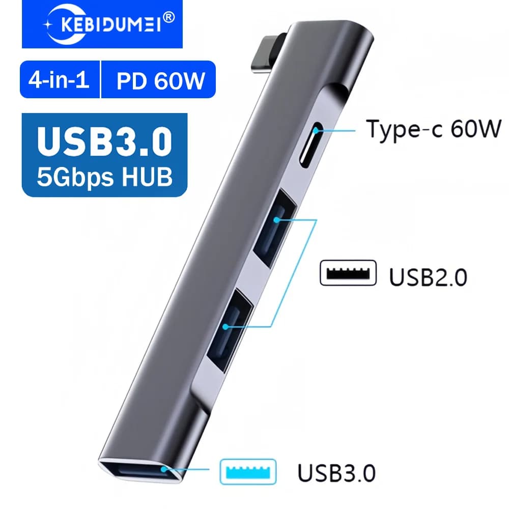 KEBIDUMEI Hub USB 3.0 a 4 porte da tipo C a PD 60W, Hub USB 3.0 2.0, Adattatore OTG, Docking Station USB C, Splitter USB per Tablet e Macbook