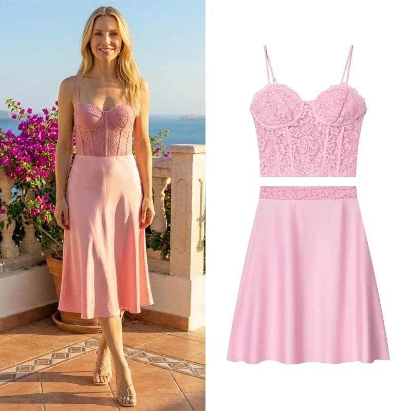 FANAN Set di Moda Femminile 2 Pezzi Top in Pizzo Rosa e Gonna Midi Vintage con Cerniera Laterale Set Elegante per Signore