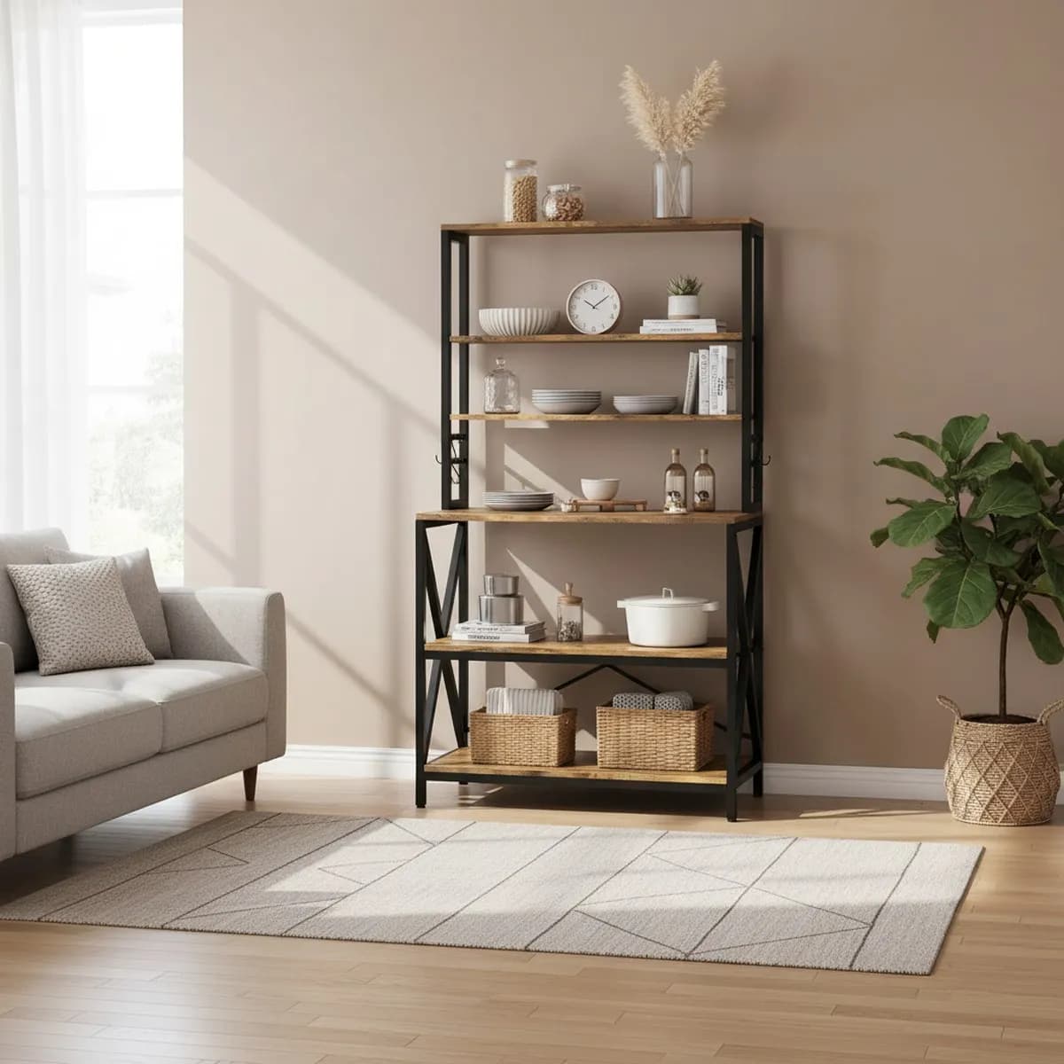Rustic Brown 6-Tier Kitchen Storage Shelf Bakers Rack Microwave Stand for Small Spaces Organizer
