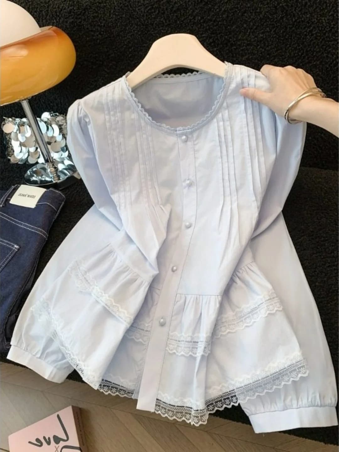Sweet Lace Trim round Neck Shirt Women's Spring 2026 New Design Gored Hem Fashionable Youthful Top Cotton Long Sleeve Button up