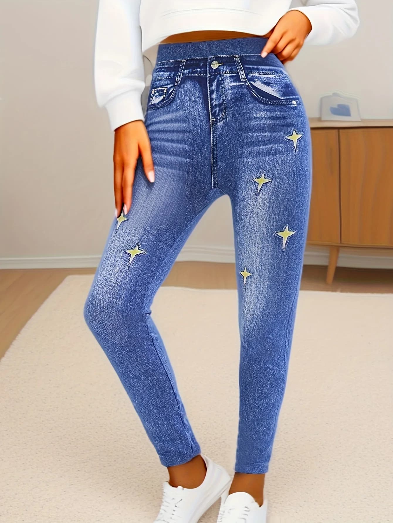 CUHAKCI Fashion Casual Seamless Imitation Denim Tight Fitting Legging Women's Pentagram Fake Pocket Elastic Sports Cropped Pants