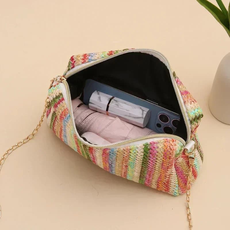 Borsa da donna in paglia intrecciata in rattan, borsa a tracolla estiva da spiaggia, borsa a tracolla da viaggio con patta e catena, piccola borsa a mano