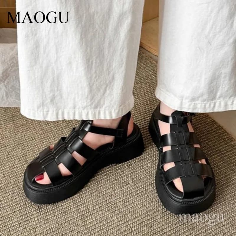 Women's Black Fisherman Platform Sandals Closed Toe Ankle Strap Chunky Heel Shoes Retro Casual Summer Footwear Zapatos Mujer