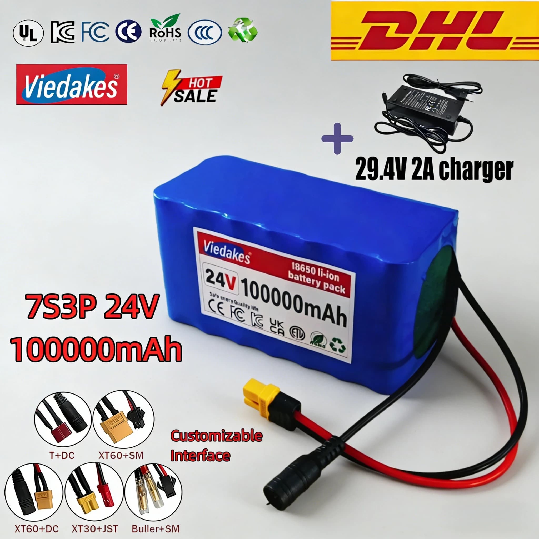 👍NEW 24V 100Ah 7S3P 18650 Lithium Battery High Capacity 24V 100000mAh Rechargeable Battery Pack with 2A Charger for Electronics