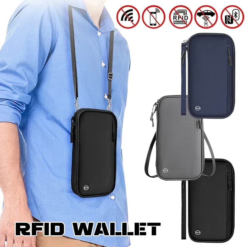 Portafoglio da viaggio antifurto Porta carte per passaporto RFID Portamonete multifunzione Porta documenti per biglietti Custodia protettiva per appendere al collo