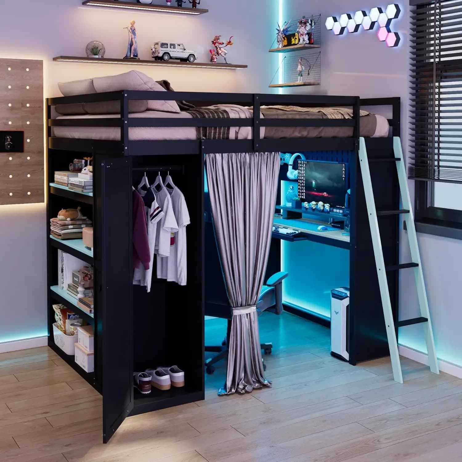 Letto a soppalco da gaming matrimoniale con scrivania e tenda per la privacy, letto a soppalco in legno massello con mensola e armadio, personalizzabile