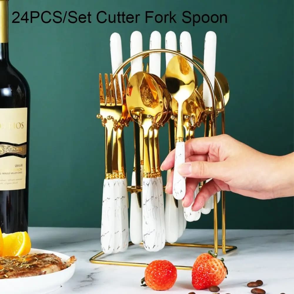Set di stoviglie marmorizzate in acciaio inossidabile da 24 pezzi Set di posate per famiglie in stile nordico lucidato a specchio con portaoggetti