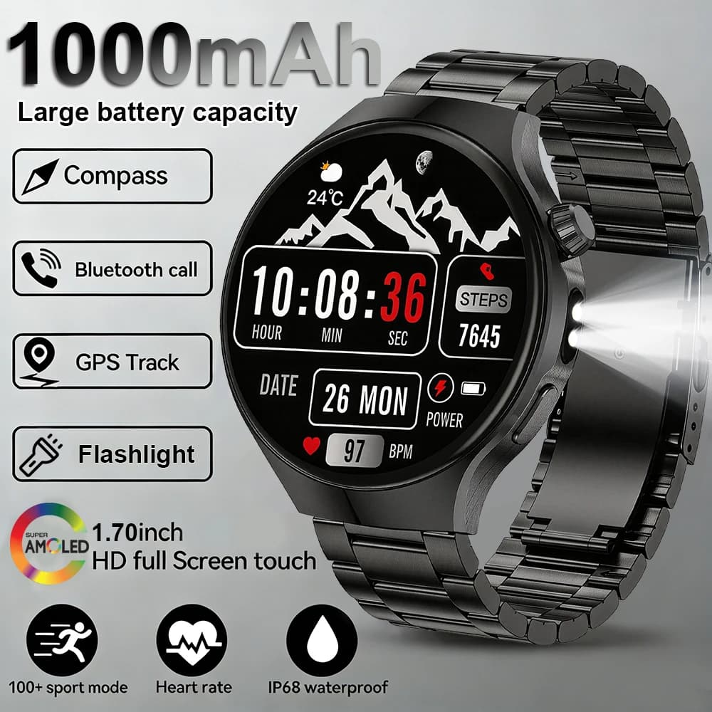 Nuovo Smartwatch con Batteria da 1000mAh, Torcia, Schermo AMOLED HD da 1.70'', Tracciamento GPS, Cardiofrequenzimetro, Chiamate BT, Bussola per Uomo 2026