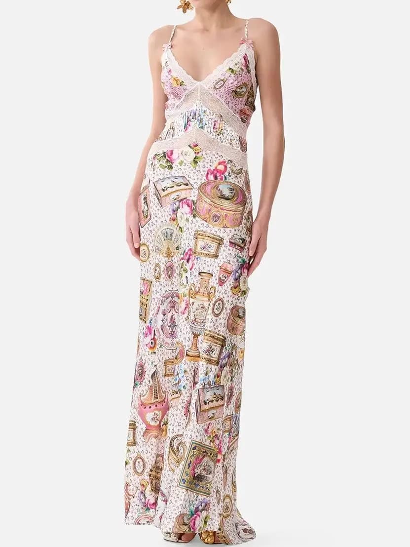 Women Printed 100% Silk Maxi Dress Lace Stitching Backless V-Neck High Waist Sleeveless Holiday Style Sling Robe