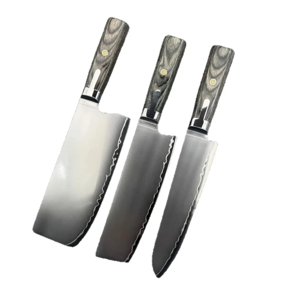 Set di 3 coltelli da cucina RHON S301 con nucleo in acciaio in polvere, manico in legno composito, coltello Santoku, coltello per verdure, coltello Nakiri, coltello per carne, coltello multiuso