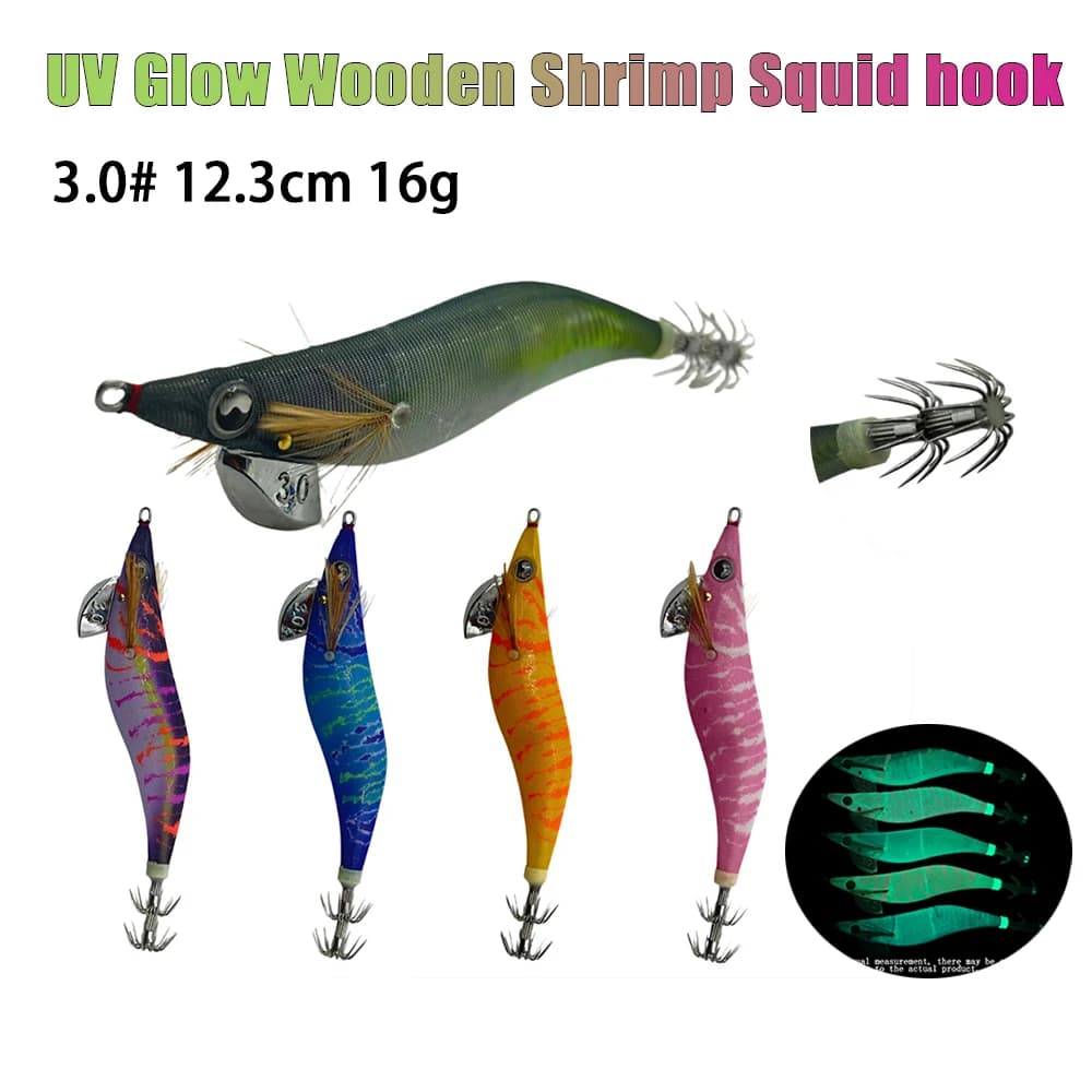3.0 # Esca in Legno UV Luminosa per Gamberi 12.3cm 16g, Affondamento Lento, Amo per Calamari, Attrezzatura da Pesca in Mare per Polpi e Seppie